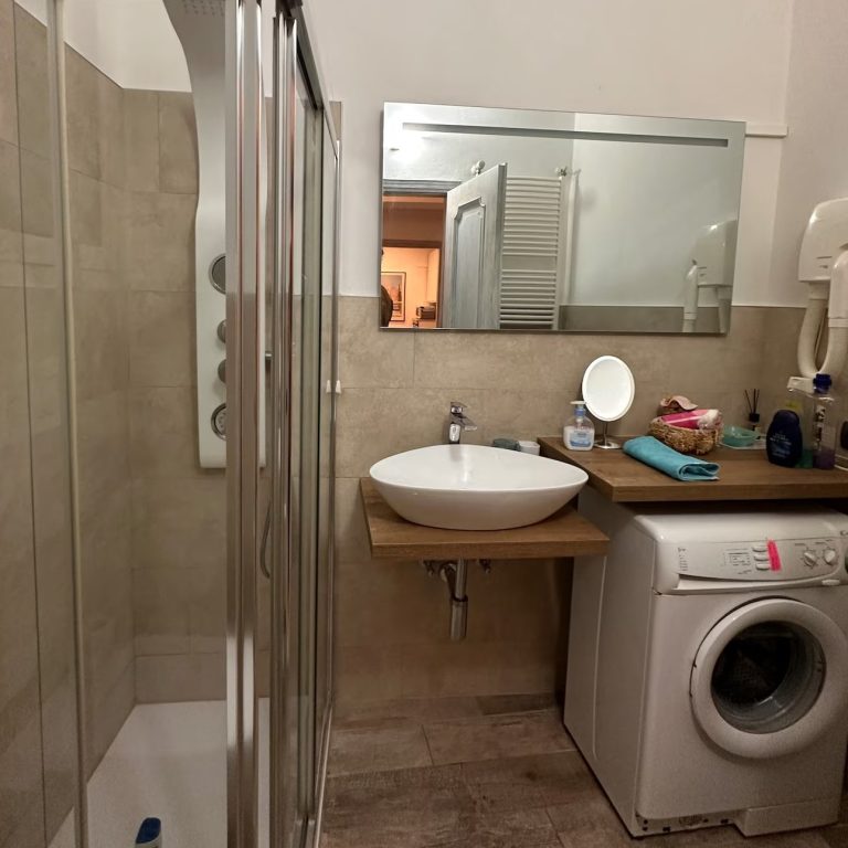 Bathroom interior with shower, hairdryer and washing machine in Bellagio